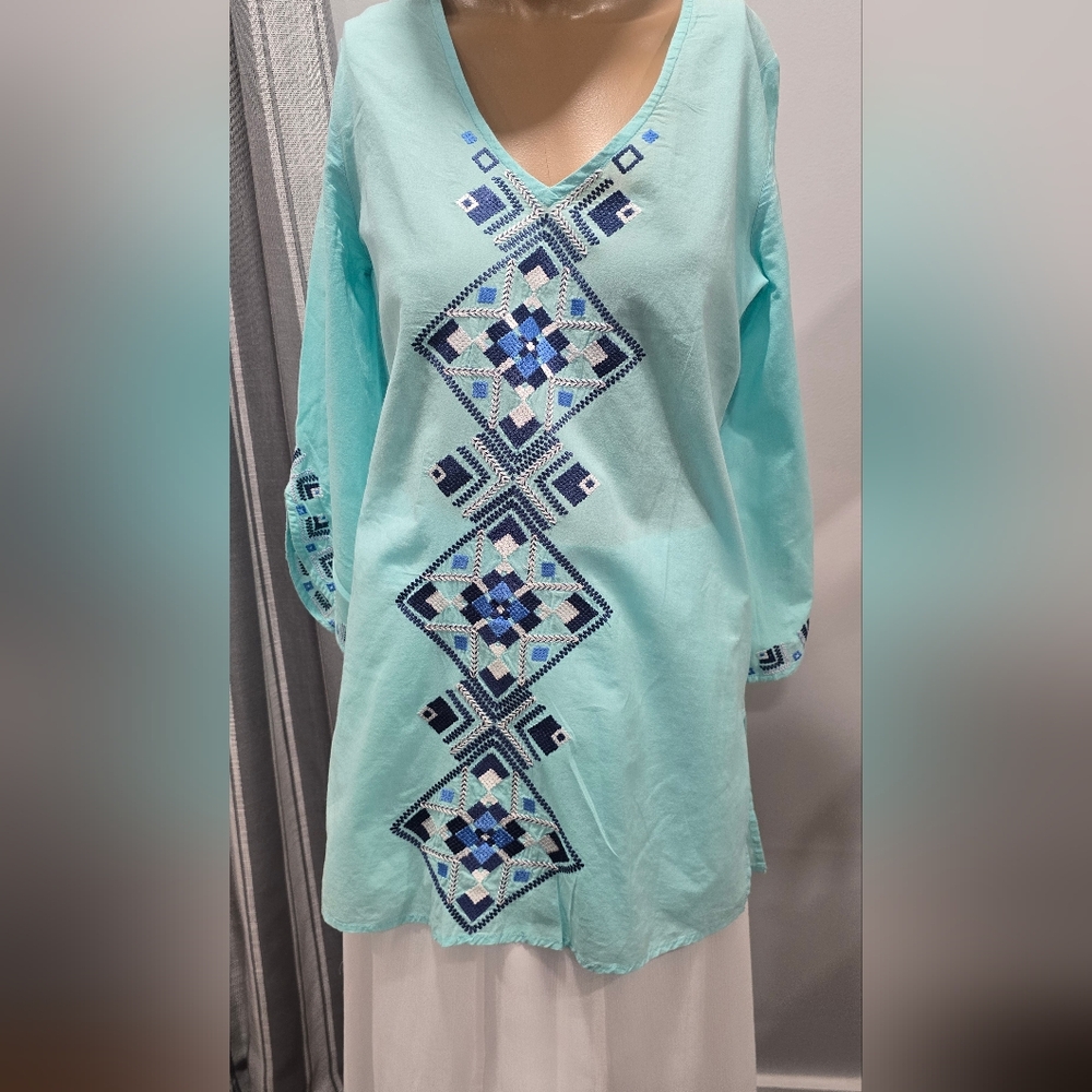 1003 Mudpie Beach To Bar Tunic Aztec Embroidered Turquoise Lightweight Wmn's Sm